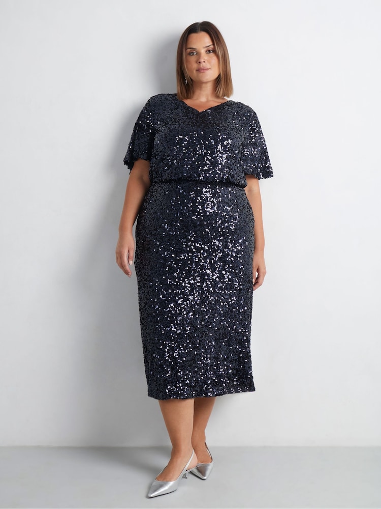 Live Unlimited Blue Curve Sequin Flutter Sleeve Top - Image 1 of 4