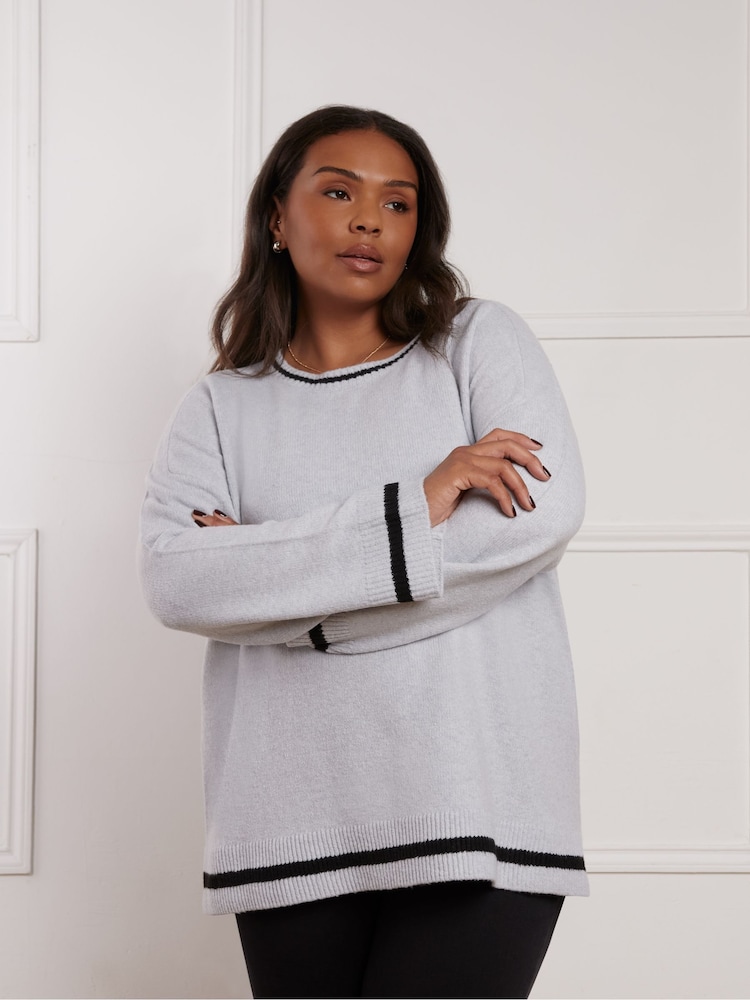 Live Unlimited Grey Curve Round Neck Contrast Stripe Jumper - Image 1 of 4