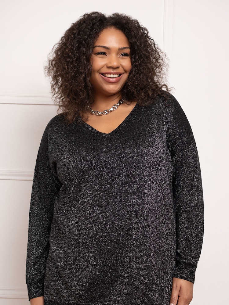 Live Unlimited Black Metallic V-Neck Jumper - Image 1 of 4