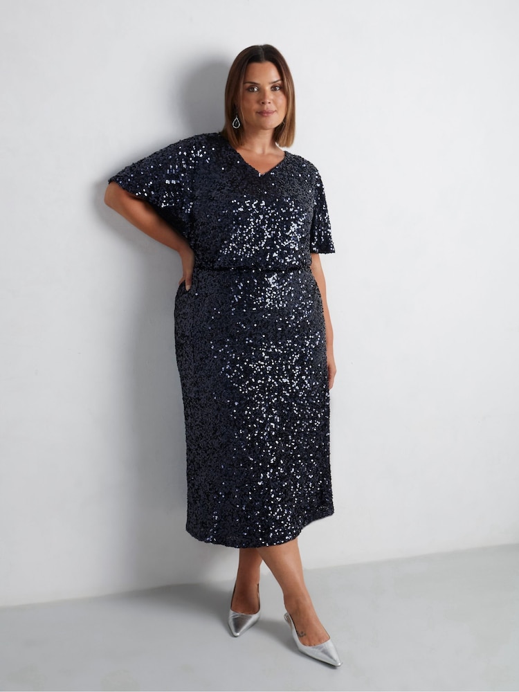 Live Unlimited Blue Navy Sequin Midaxi Skirt - Image 1 of 4