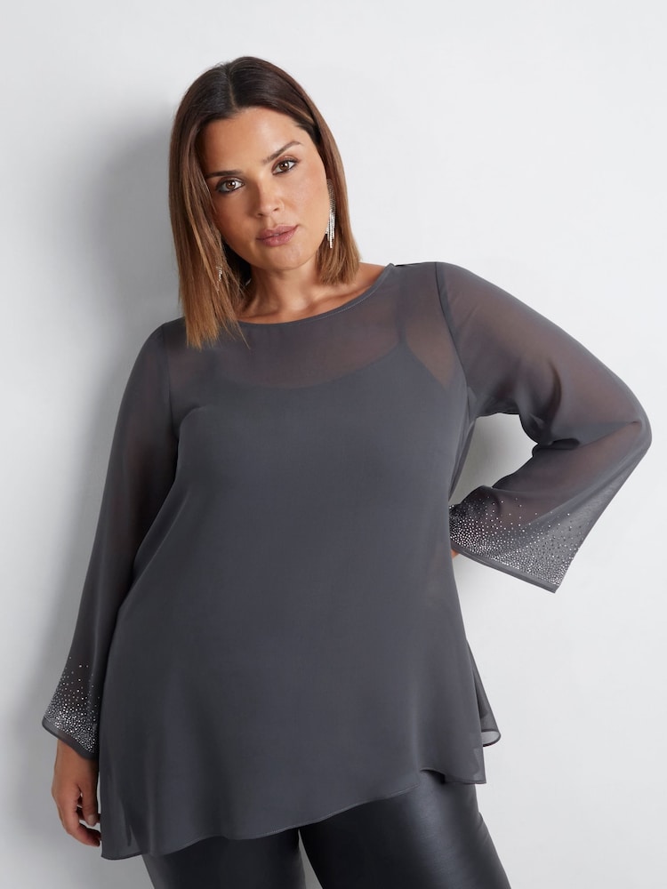 Live Unlimited Grey Curve Asymmetric Hotfix Top - Image 2 of 5