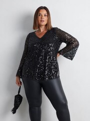 Live Unlimited Black Curve Mesh Sequin Long Sleeve Top - Image 1 of 4
