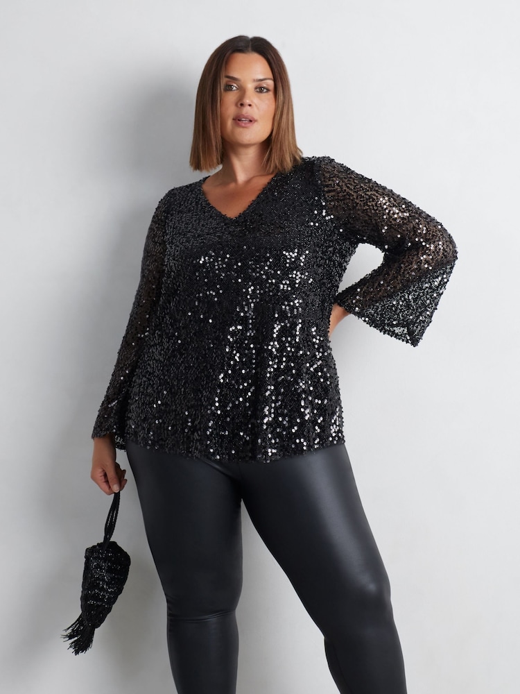 Live Unlimited Black Curve Mesh Sequin Long Sleeve Top - Image 1 of 4