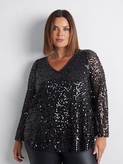 Live Unlimited Black Curve Mesh Sequin Long Sleeve Top - Image 2 of 4