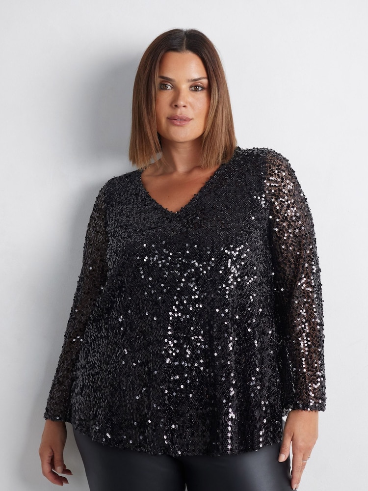 Live Unlimited Black Curve Mesh Sequin Long Sleeve Top - Image 2 of 4