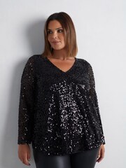 Live Unlimited Black Curve Mesh Sequin Long Sleeve Top - Image 3 of 4
