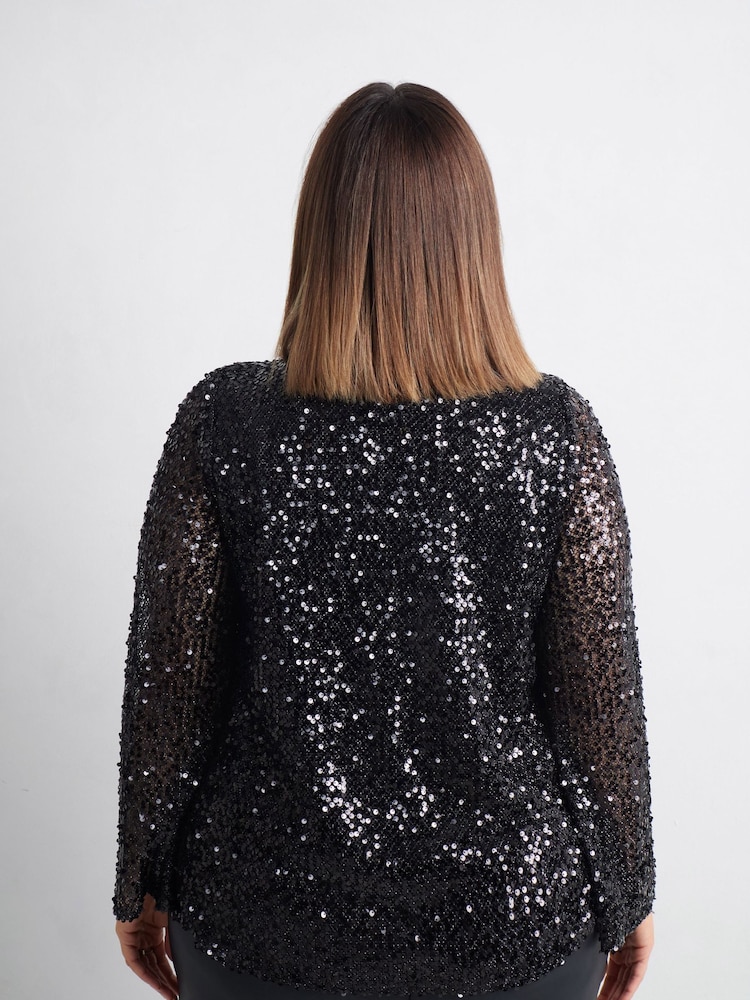 Live Unlimited Black Curve Mesh Sequin Long Sleeve Top - Image 4 of 4
