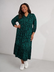 Live Unlimited Green Curve Leopard Jersey Nehru Collar Midi Dress - Image 2 of 5