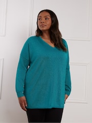 Live Unlimited Green Metallic V-Neck Jumper - Image 1 of 5