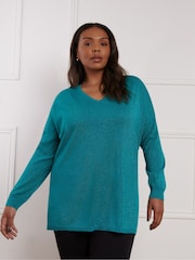 Live Unlimited Green Metallic V-Neck Jumper - Image 2 of 5