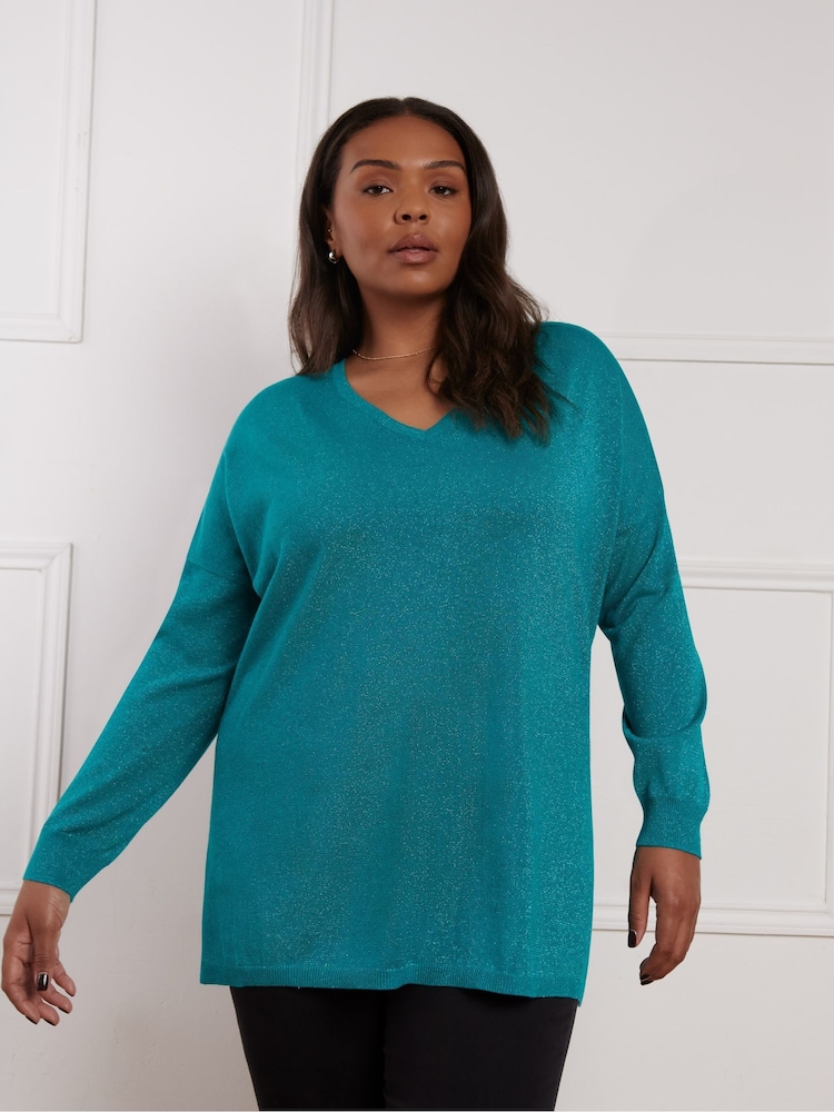 Live Unlimited Green Metallic V-Neck Jumper - Image 2 of 5