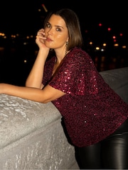 Live Unlimited Red Curve Sequin Flutter Sleeve Top - Image 1 of 6