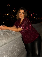 Live Unlimited Red Curve Sequin Flutter Sleeve Top - Image 2 of 6