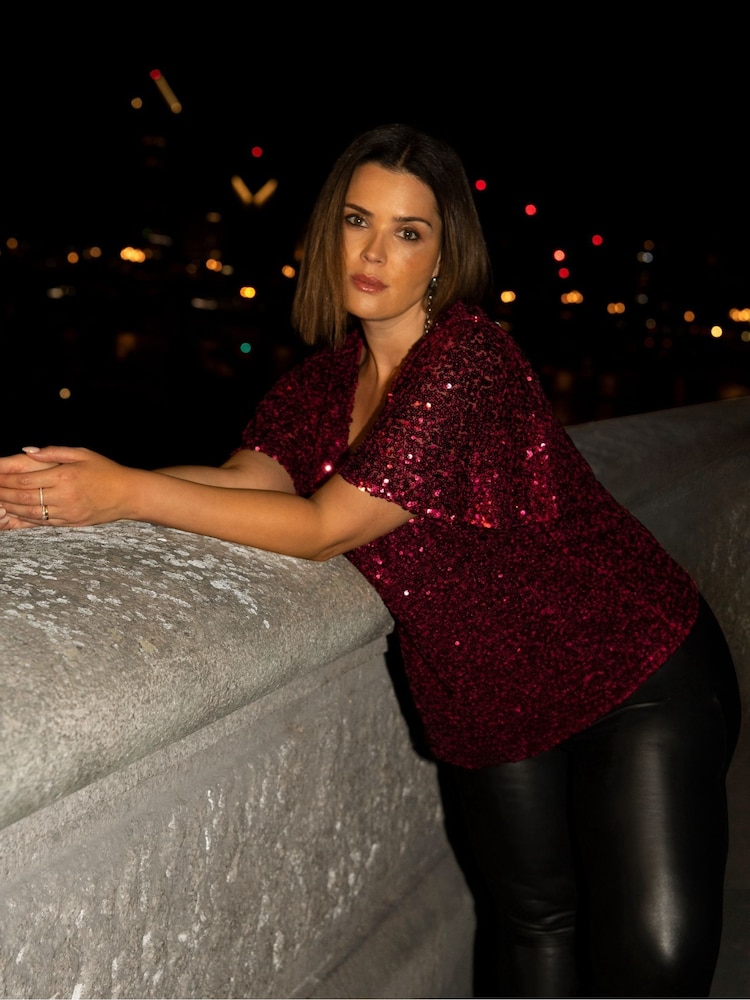 Live Unlimited Red Curve Sequin Flutter Sleeve Top - Image 2 of 6