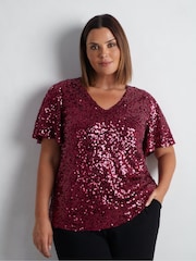 Live Unlimited Red Curve Sequin Flutter Sleeve Top - Image 4 of 6
