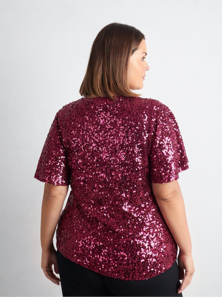 Live Unlimited Red Curve Sequin Flutter Sleeve Top - Image 6 of 6 Live Unlimited Red Curve Sequin Flutter Sleeve Top - Image 6 of 6