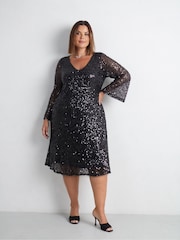 Live Unlimited Black Curve Mesh Sequin Long Sleeve Dress - Image 1 of 7