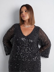 Live Unlimited Black Curve Mesh Sequin Long Sleeve Dress - Image 2 of 7