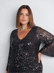 Live Unlimited Black Curve Mesh Sequin Long Sleeve Dress - Image 3 of 7