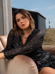 Live Unlimited Black Curve Mesh Sequin Long Sleeve Dress - Image 6 of 7