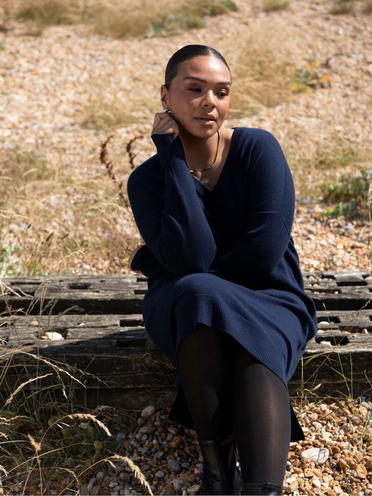 Live Unlimited Blue Curve V-Neck Knitted Jumper Dress - Image 1 of 7