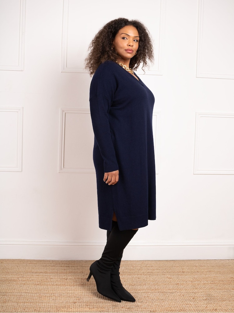 Live Unlimited Blue Curve V-Neck Knitted Jumper Dress - Image 3 of 7