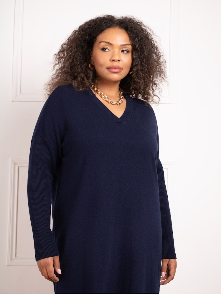 Live Unlimited Blue Curve V-Neck Knitted Jumper Dress - Image 4 of 7