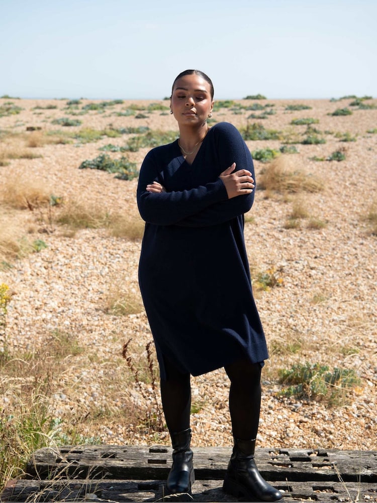 Live Unlimited Blue Curve V-Neck Knitted Jumper Dress - Image 7 of 7