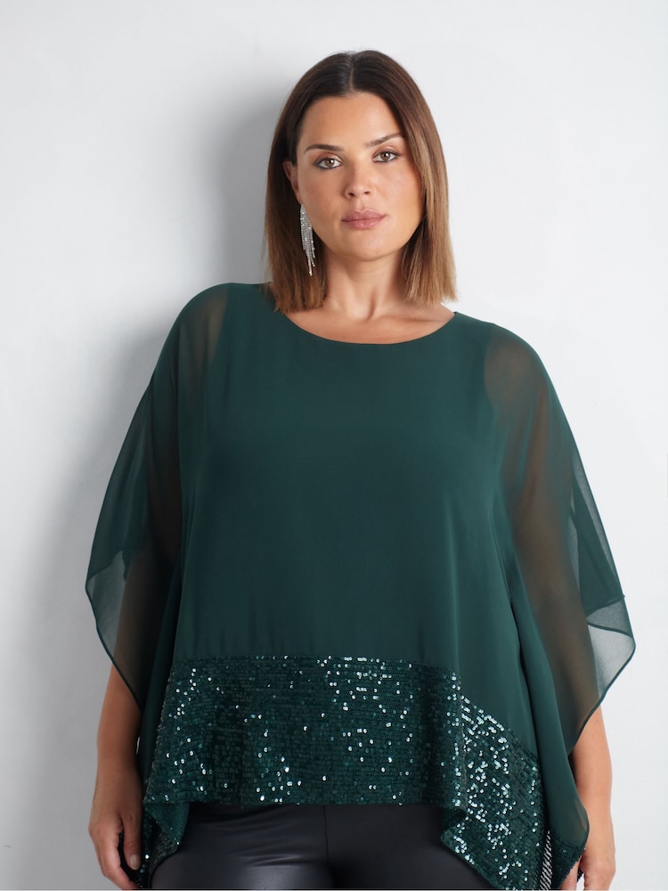 Live Unlimited Green Curve Chiffon Sequin Trim Overlayer Top - Image 1 of 4