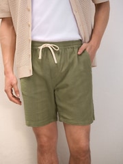 Khaki Green 100% Cotton Textured Stripe Drawstring Waist Shorts - Image 1 of 8