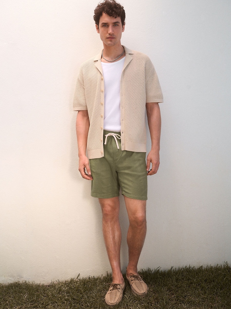 Khaki Green 100% Cotton Textured Stripe Drawstring Waist Shorts - Image 2 of 8