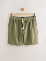 Khaki Green 100% Cotton Textured Stripe Drawstring Waist Shorts - Image 5 of 8