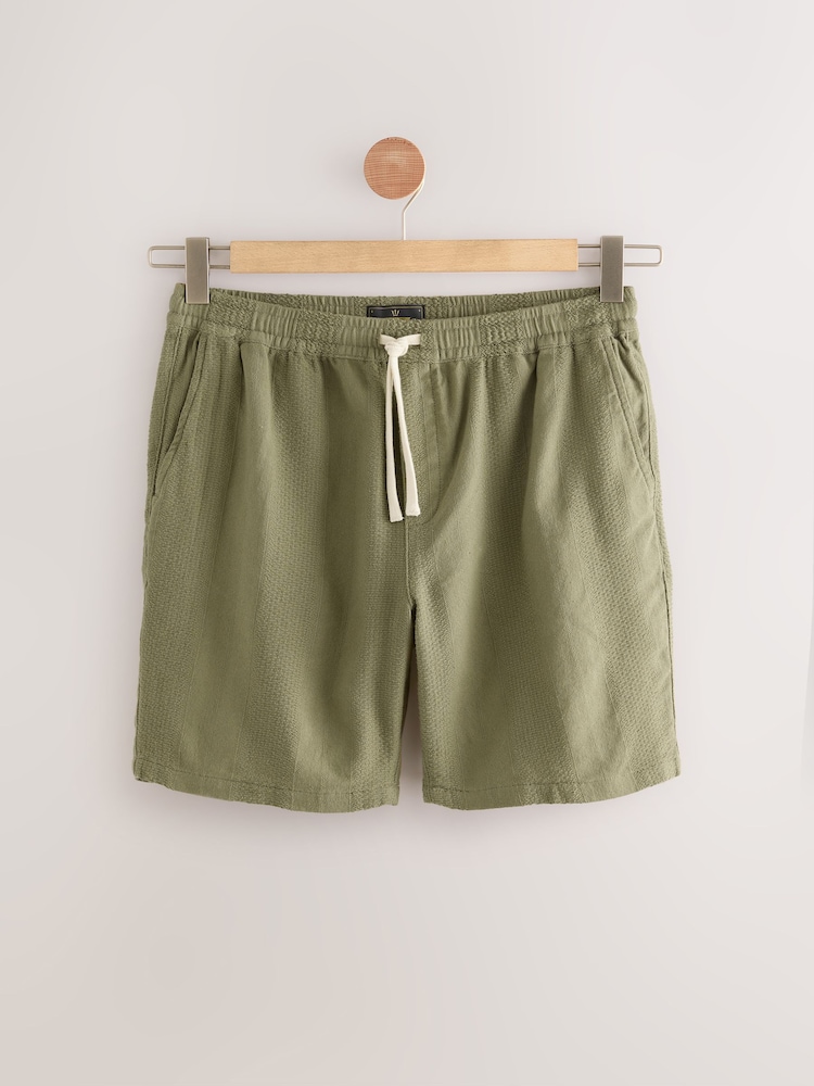 Khaki Green 100% Cotton Textured Stripe Drawstring Waist Shorts - Image 5 of 8