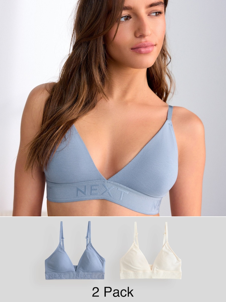 Blue/Ecru Cotton Logo Triangle Ultimate Comfort Bralets 2 Pack - Image 1 of 12 Blue/Ecru Cotton Logo Triangle Ultimate Comfort Bralets 2 Pack - Image 1 of 12
