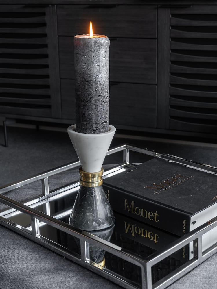 Libra Interiors Black /White Marble Candle Holder with Brass Trim - Image 2 of 6