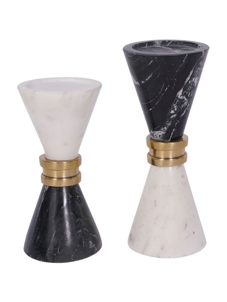 Libra Interiors Black /White Marble Candle Holder with Brass Trim - Image 6 of 6