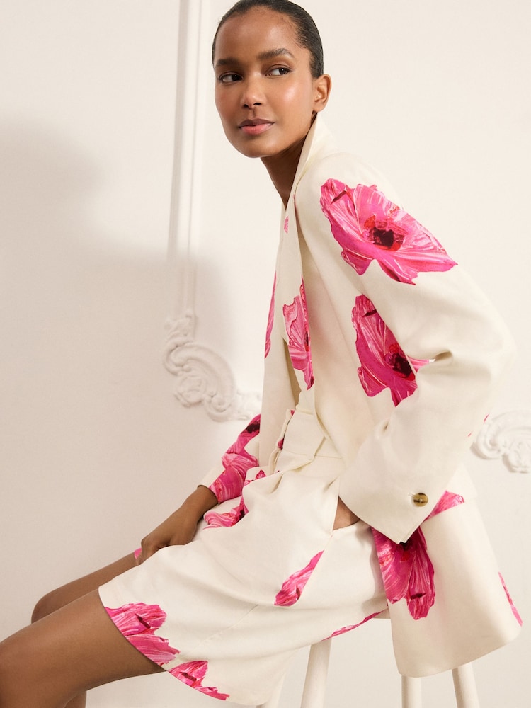 Ecru/Pink Floral Printed Blazer with Linen - Image 1 of 6