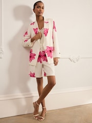 Ecru/Pink Floral Printed Blazer with Linen - Image 2 of 6