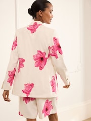 Ecru/Pink Floral Printed Blazer with Linen - Image 4 of 6