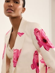 Ecru/Pink Floral Printed Blazer with Linen - Image 5 of 6