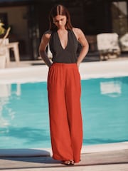 Red Ripple Textured Wide Leg Trousers - Image 1 of 8