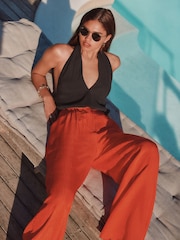 Red Ripple Textured Wide Leg Trousers - Image 4 of 8