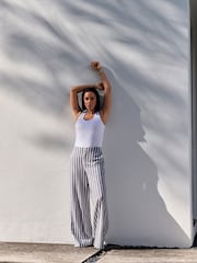 Grey Striped Linen Blend Wide Leg Trousers - Image 1 of 5