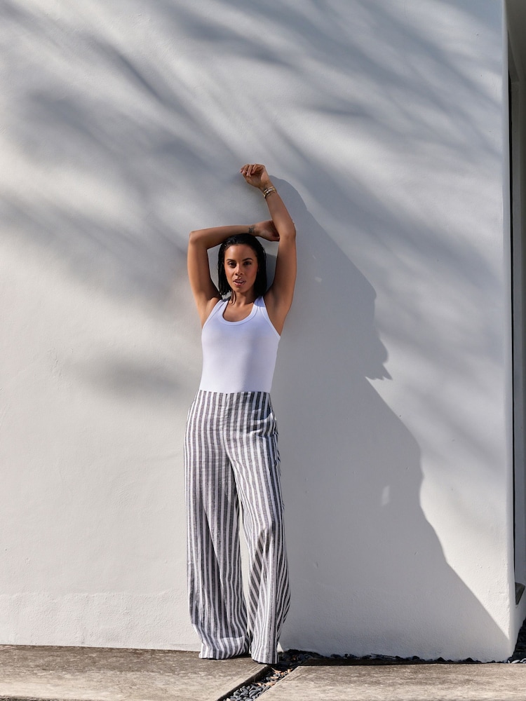 Grey Striped Linen Blend Wide Leg Trousers - Image 1 of 5
