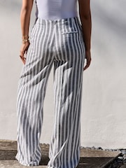 Grey Striped Linen Blend Wide Leg Trousers - Image 4 of 5