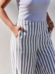 Grey Striped Linen Blend Wide Leg Trousers - Image 5 of 5