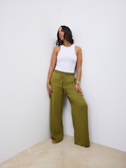 Green Elasticated Tie Waist Wide Leg Trousers - Image 3 of 8