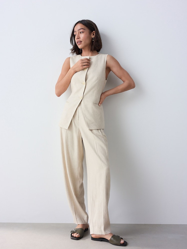 Neutral Elasticated Linen Rich Tapered Trousers - Image 1 of 8