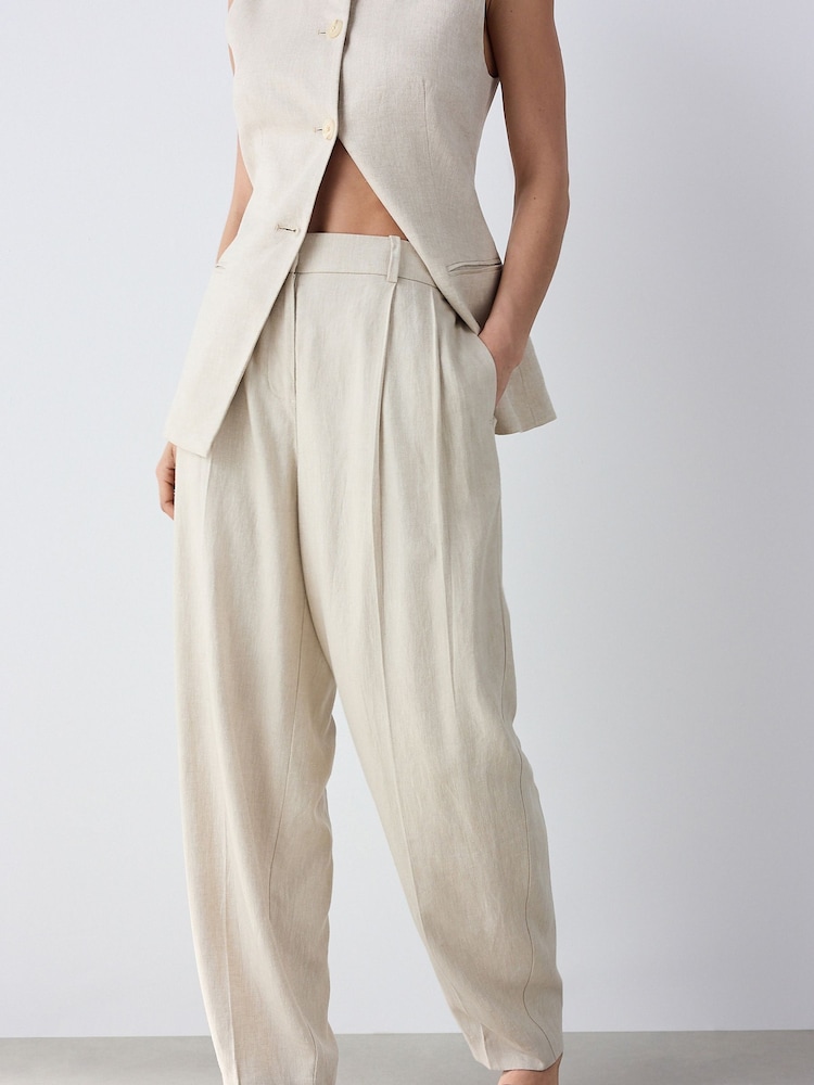 Neutral Elasticated Linen Rich Tapered Trousers - Image 2 of 8