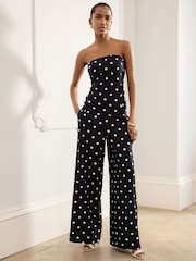 Marine/Blanc - Pantalon large à pois avec lin - Image 2 of 9